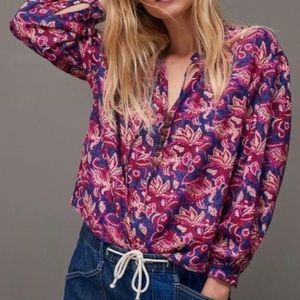 Anthropologie Pilcro Sz MP Tie-Neck Floral Boho Lucille Top Blouse Petite Med